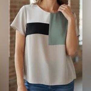 Zara Black and Green Color Block Short Sleeve Top